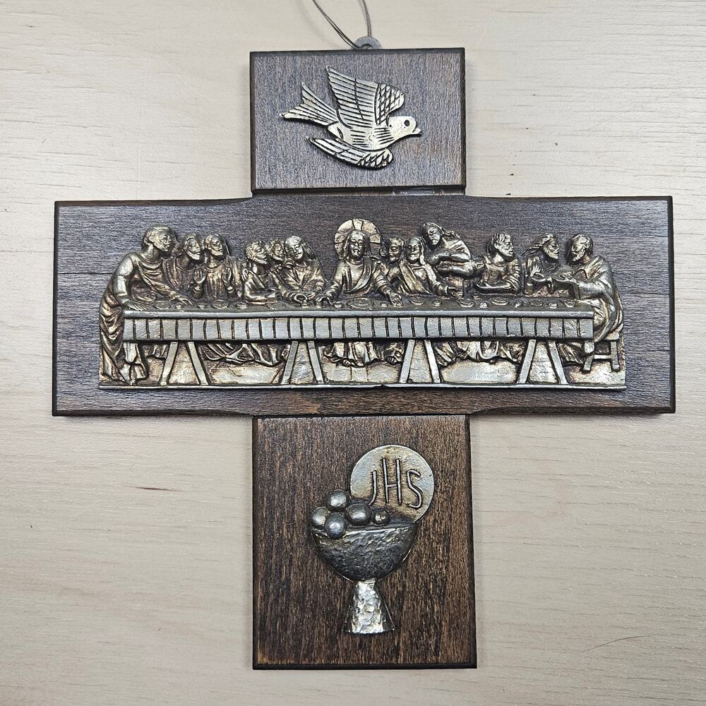 VTG Last Supper Christian Wall Hanging Crucifix Cross Wood Spelter Trimming